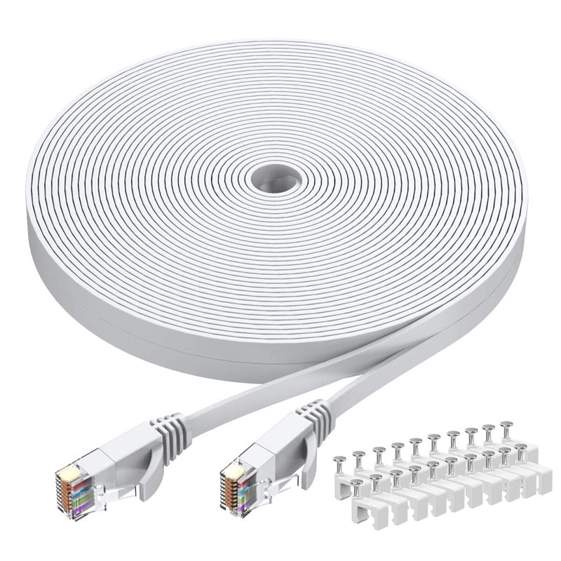 BUSOHE Cat6 Ethernet Cable 40 FT White, Cat-6 Flat RJ45 Computer Internet LAN Network Ethernet Patch Cable Cord - 40 Feet - Image 1